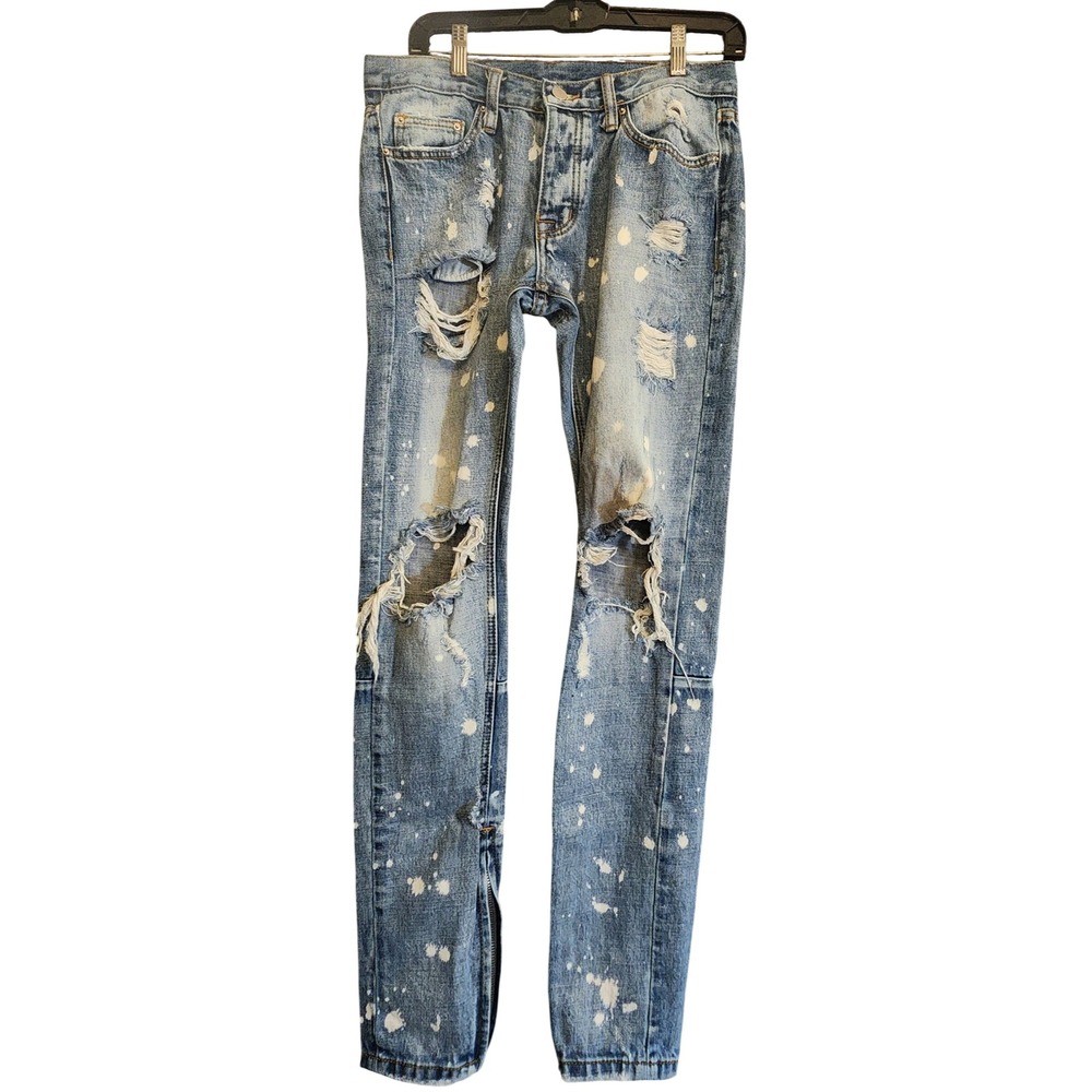 mnml Distressed Jeans Mens 30 Blue Excellent Paint Splatter Ankle Zip Denim